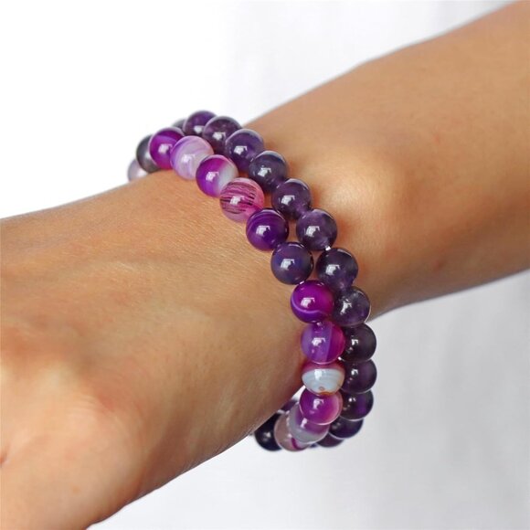 3PCS Purple Agate Crystal Natural Stone Beaded Stretch Bracelet for Women - Picture 4 of 6